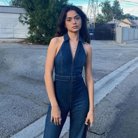 Cotton Elegant Denim Jumpsuit Women Sleeveless Zipper Fashion Hipster Casual High Street Wide Legs Activewear Outfits
