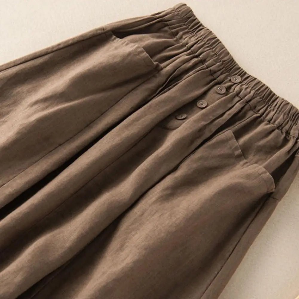 Cotton Linen Midi Skirt With High Waist Pockets And Button Decor – Casual A - Line Retro Style - SN Wigs & More