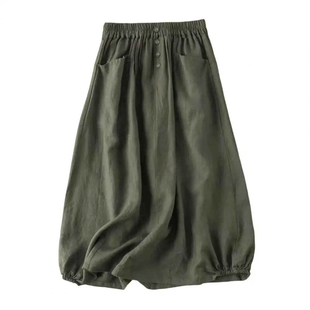 Cotton Linen Midi Skirt With High Waist Pockets And Button Decor – Casual A - Line Retro Style - SN Wigs & More