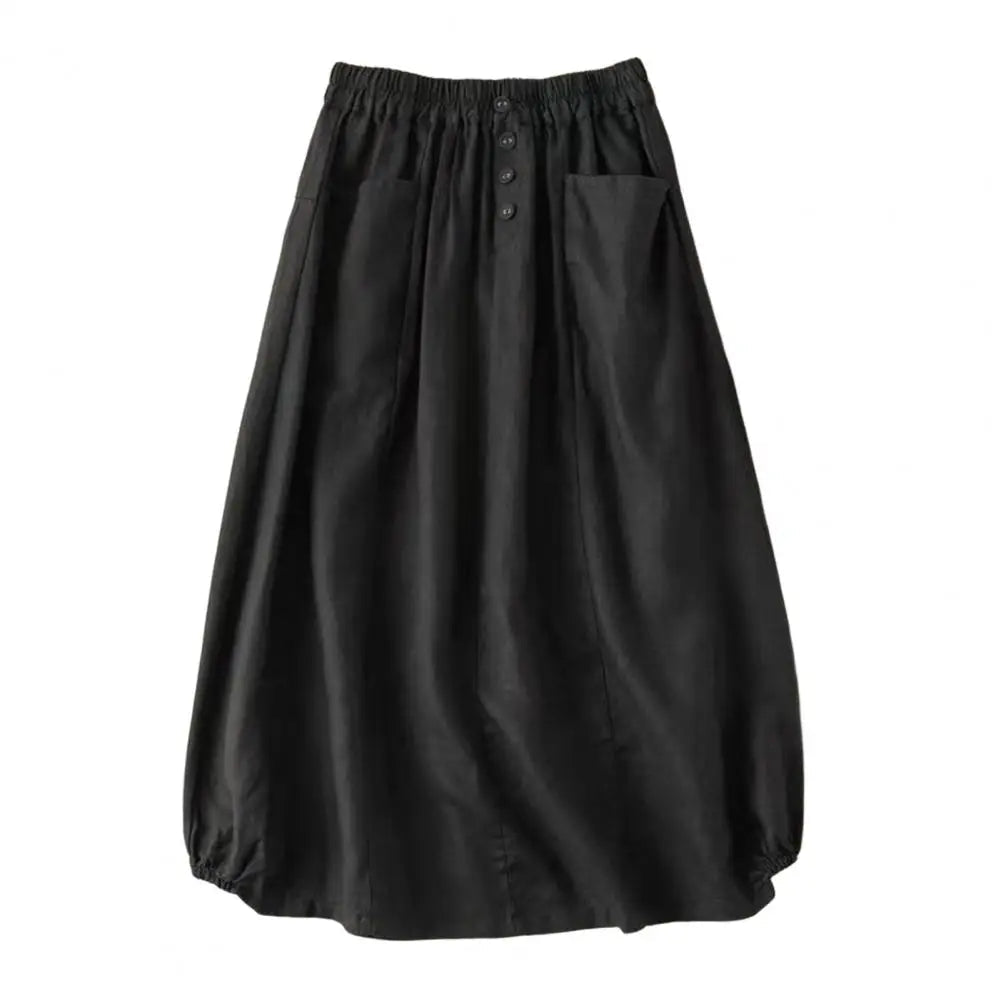 Cotton Linen Midi Skirt With High Waist Pockets And Button Decor – Casual A - Line Retro Style - SN Wigs & More