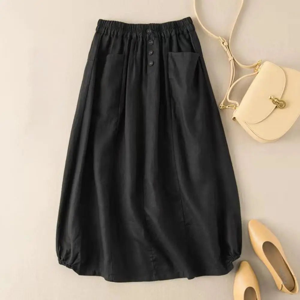 Cotton Linen Midi Skirt With High Waist Pockets And Button Decor – Casual A - Line Retro Style - SN Wigs & More