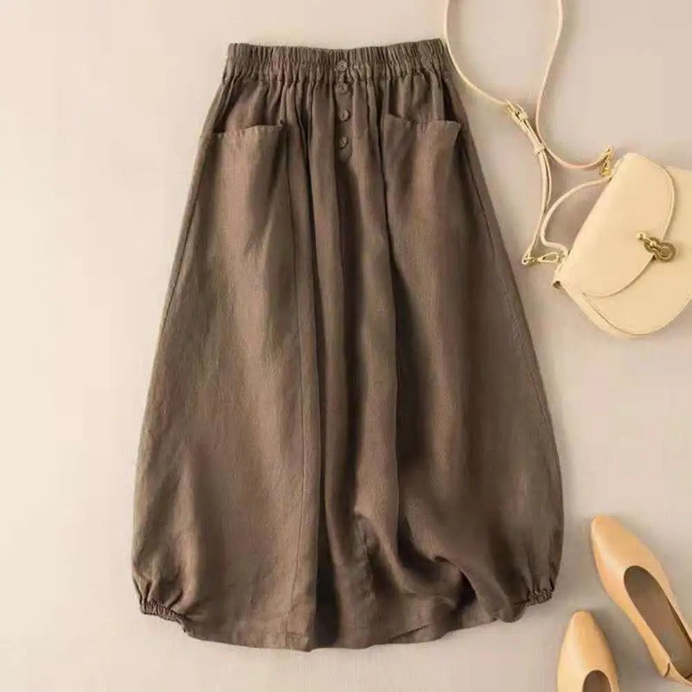 Cotton Linen Midi Skirt With High Waist Pockets And Button Decor – Casual A - Line Retro Style - SN Wigs & More