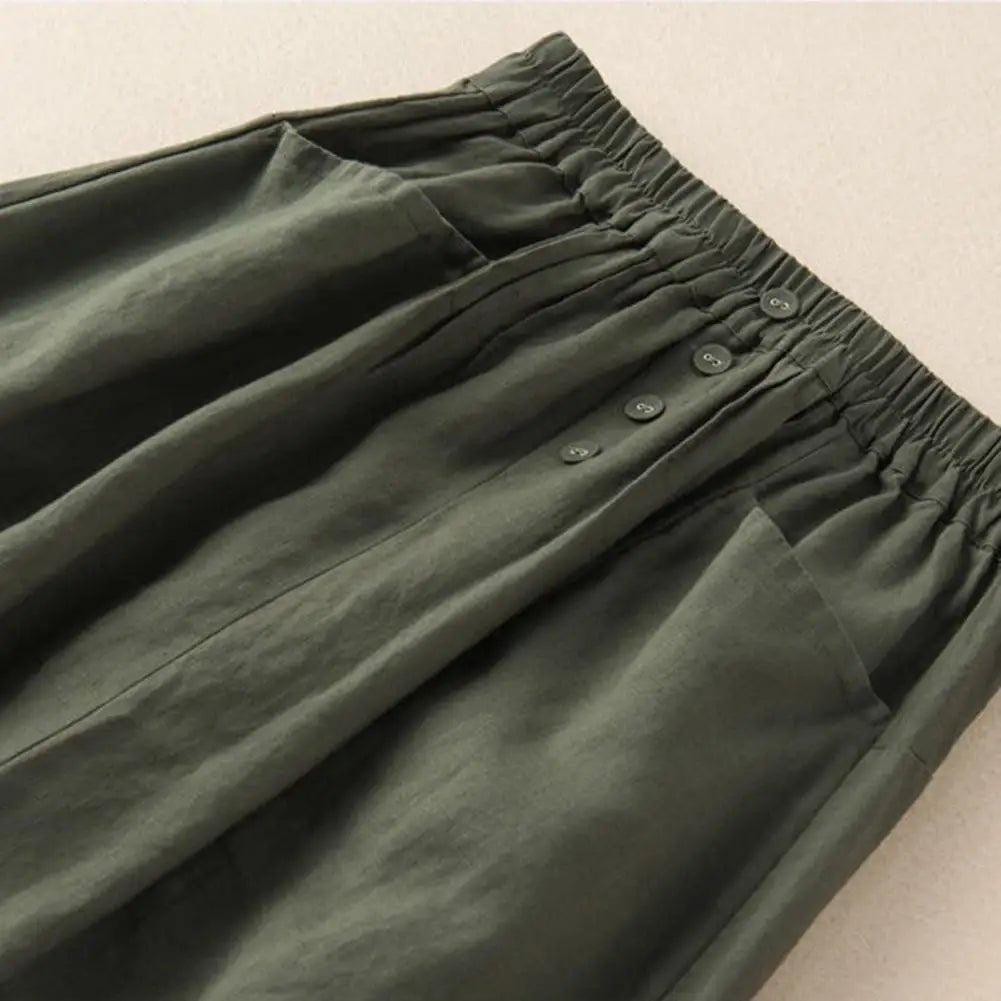 Cotton Linen Midi Skirt With High Waist Pockets And Button Decor – Casual A - Line Retro Style - SN Wigs & More