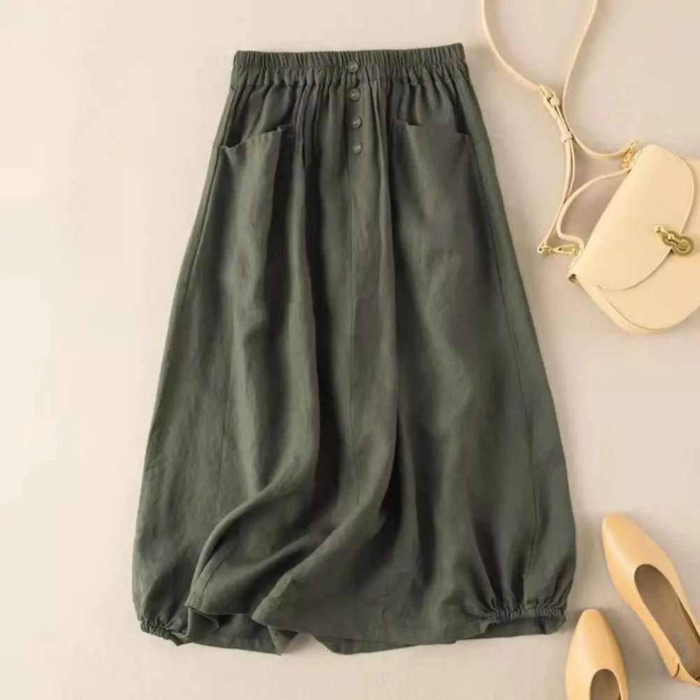 Cotton Linen Midi Skirt With High Waist Pockets And Button Decor – Casual A - Line Retro Style - SN Wigs & More