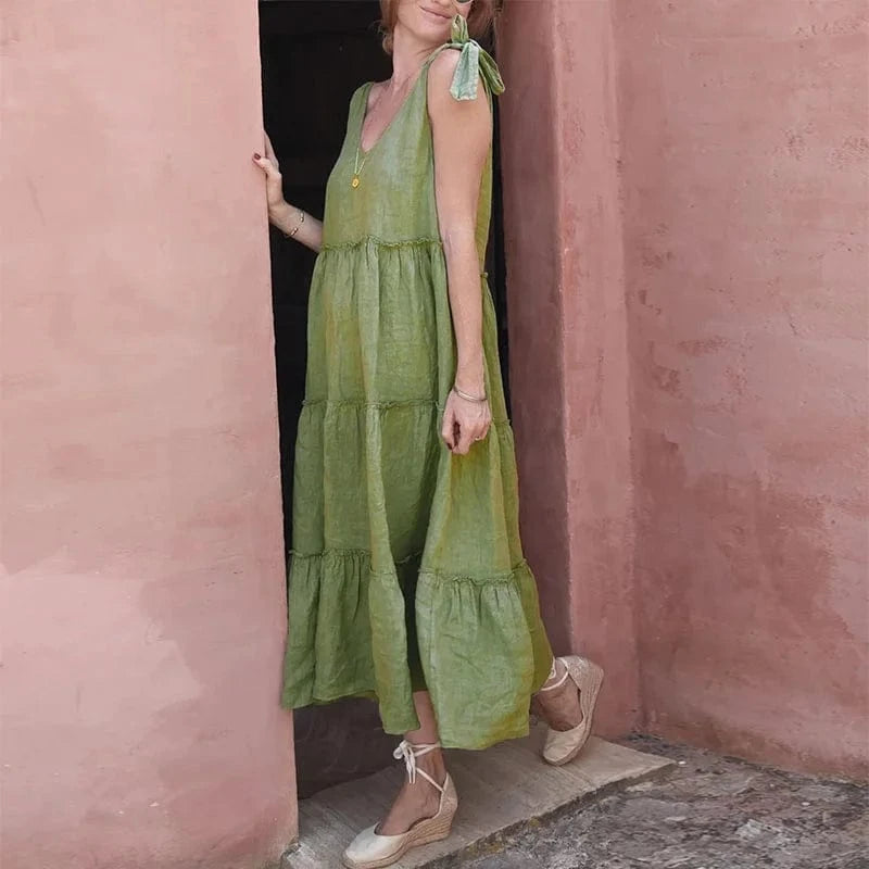Cotton Linen Sleeveless Casual Temperament Elegant Solid Color Dress Style 2024 Summer Fashionable V-neck Loose A-Waist Dresses