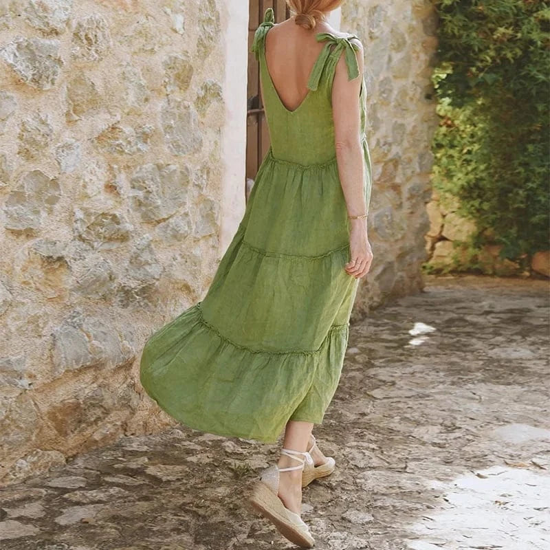 Cotton Linen Sleeveless Casual Temperament Elegant Solid Color Dress Style 2024 Summer Fashionable V-neck Loose A-Waist Dresses