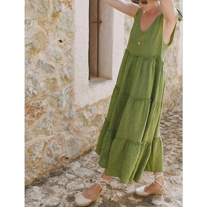 Cotton Linen Sleeveless Casual Temperament Elegant Solid Color Dress Style 2024 Summer Fashionable V-neck Loose A-Waist Dresses