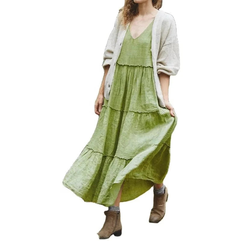 Cotton Linen Sleeveless Casual Temperament Elegant Solid Color Dress Style 2024 Summer Fashionable V-neck Loose A-Waist Dresses