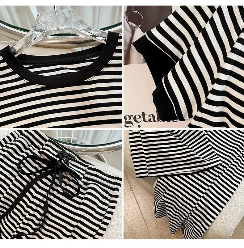 Cotton Striped Women's Clothing New 2025 Fashion Striped Chubby Sister Western - style Wide Leg Pants Set Two - piece Set Pant Sets - SN Wigs & More
