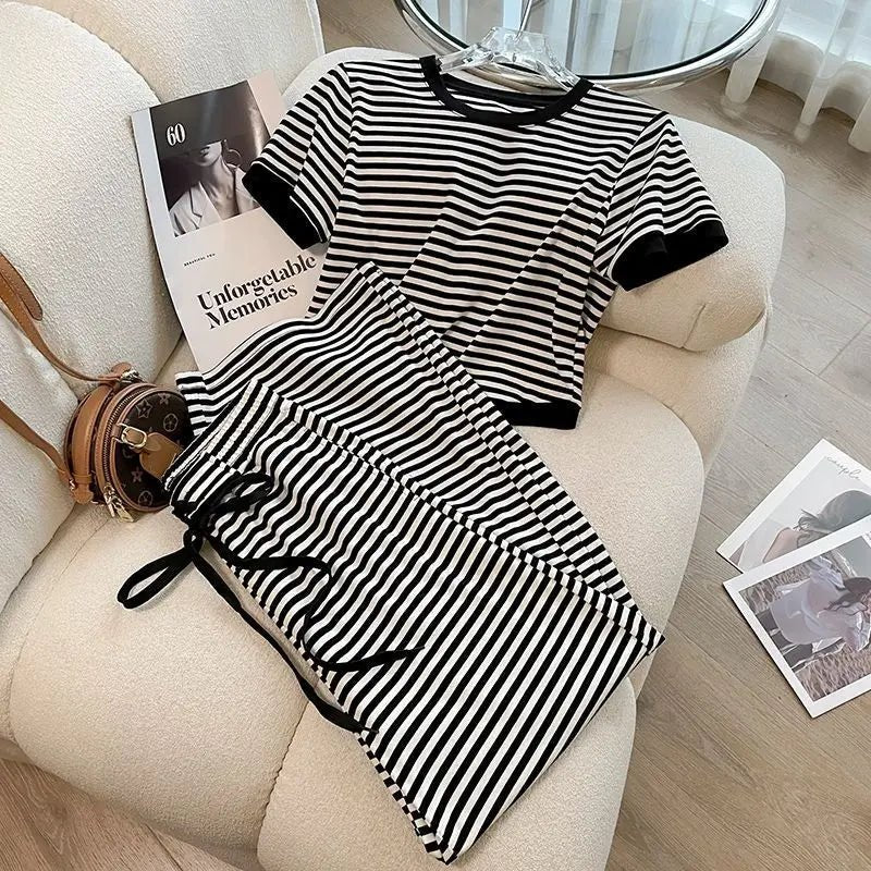 Cotton Striped Women's Clothing New 2025 Fashion Striped Chubby Sister Western - style Wide Leg Pants Set Two - piece Set Pant Sets - SN Wigs & More