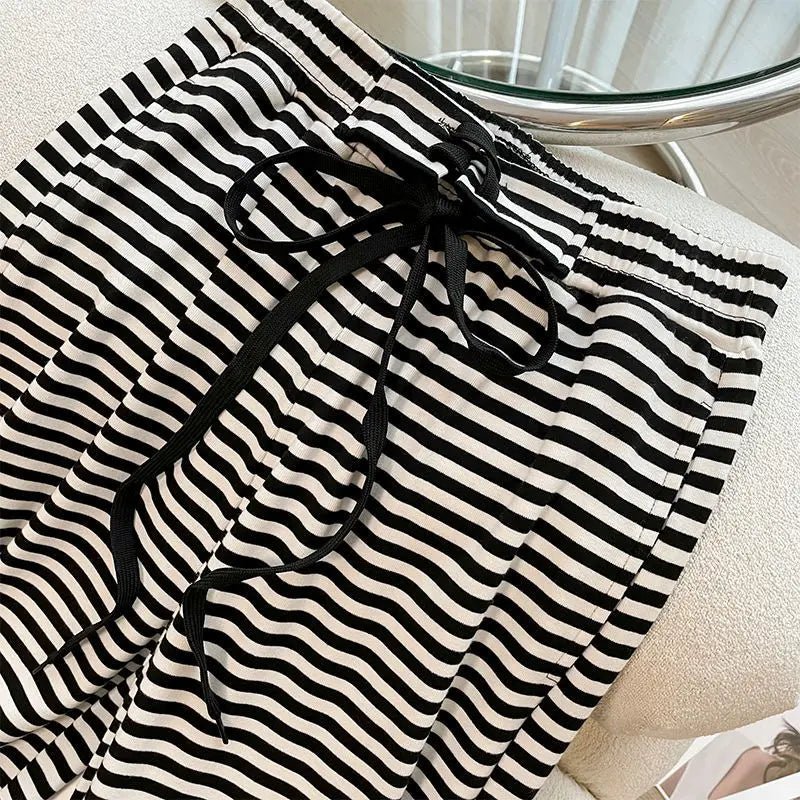 Cotton Striped Women's Clothing New 2025 Fashion Striped Chubby Sister Western - style Wide Leg Pants Set Two - piece Set Pant Sets - SN Wigs & More
