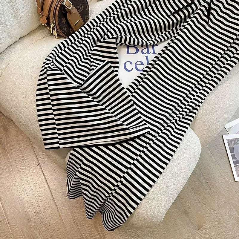 Cotton Striped Women's Clothing New 2025 Fashion Striped Chubby Sister Western - style Wide Leg Pants Set Two - piece Set Pant Sets - SN Wigs & More