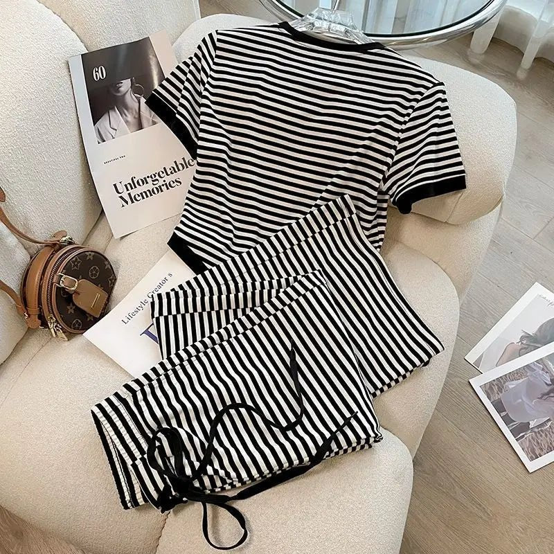 Cotton Striped Women's Clothing New 2025 Fashion Striped Chubby Sister Western - style Wide Leg Pants Set Two - piece Set Pant Sets - SN Wigs & More