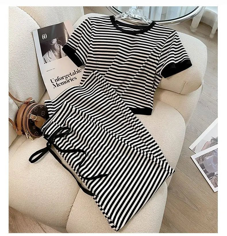 Cotton Striped Women's Clothing New 2025 Fashion Striped Chubby Sister Western - style Wide Leg Pants Set Two - piece Set Pant Sets - SN Wigs & More