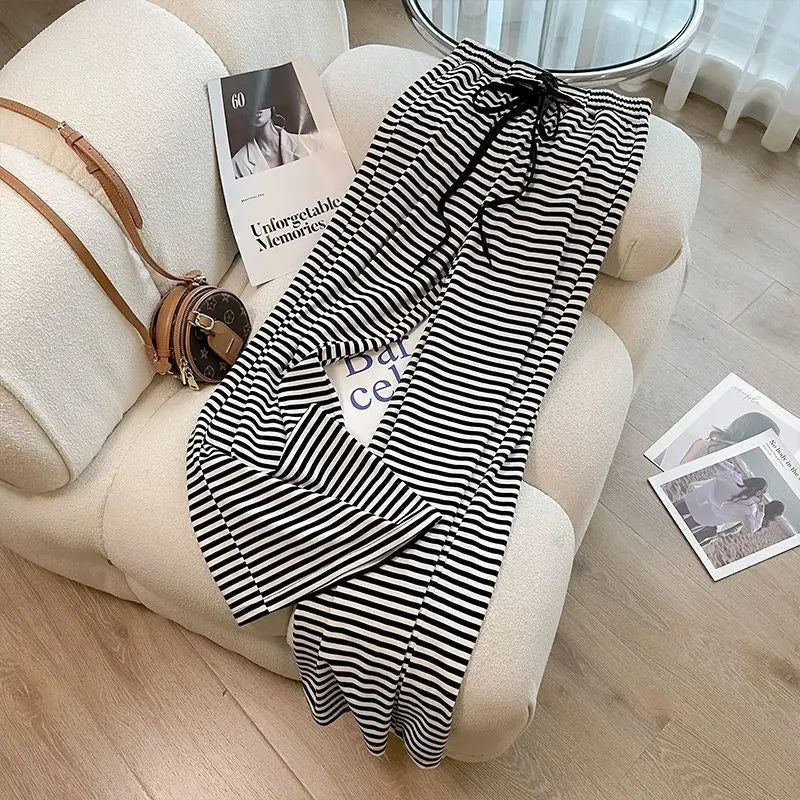 Cotton Striped Women's Clothing New 2025 Fashion Striped Chubby Sister Western - style Wide Leg Pants Set Two - piece Set Pant Sets - SN Wigs & More