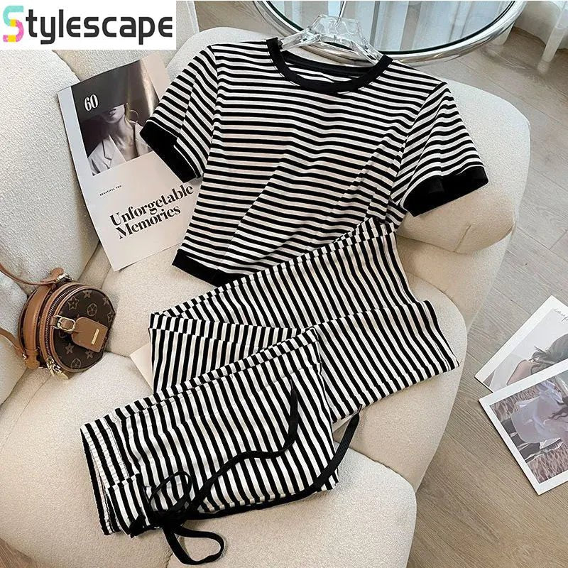 Cotton Striped Women's Clothing New 2025 Fashion Striped Chubby Sister Western - style Wide Leg Pants Set Two - piece Set Pant Sets - SN Wigs & More