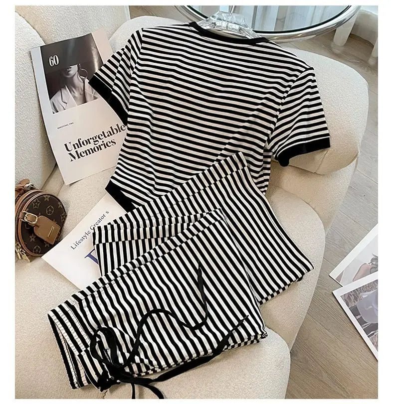 Cotton Striped Women's Clothing New 2025 Fashion Striped Chubby Sister Western - style Wide Leg Pants Set Two - piece Set Pant Sets - SN Wigs & More