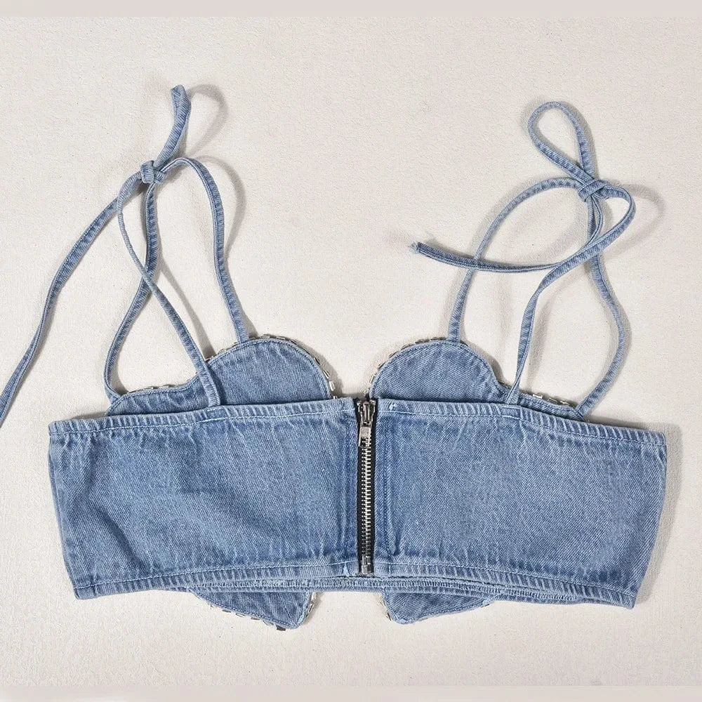 Cotton Top Jeans Sexy Halter Denim Women's Tube Tops with Drilling Chain 2023 Summer Ladies Corset Crop Top