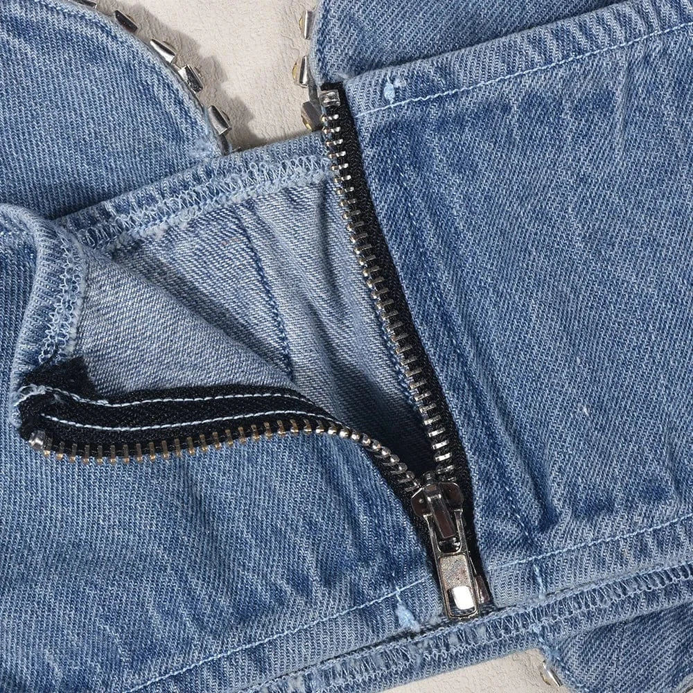 Cotton Top Jeans Sexy Halter Denim Women's Tube Tops with Drilling Chain 2023 Summer Ladies Corset Crop Top