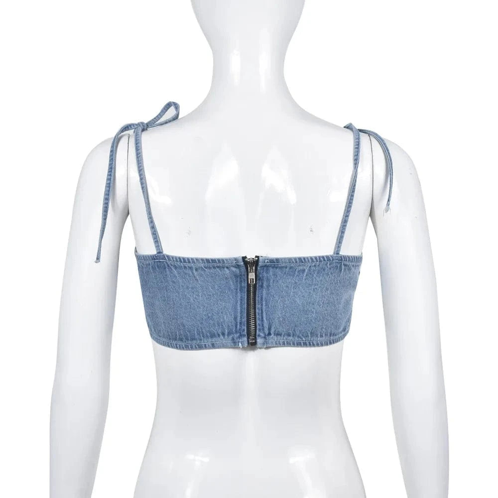 Cotton Top Jeans Sexy Halter Denim Women's Tube Tops with Drilling Chain 2023 Summer Ladies Corset Crop Top