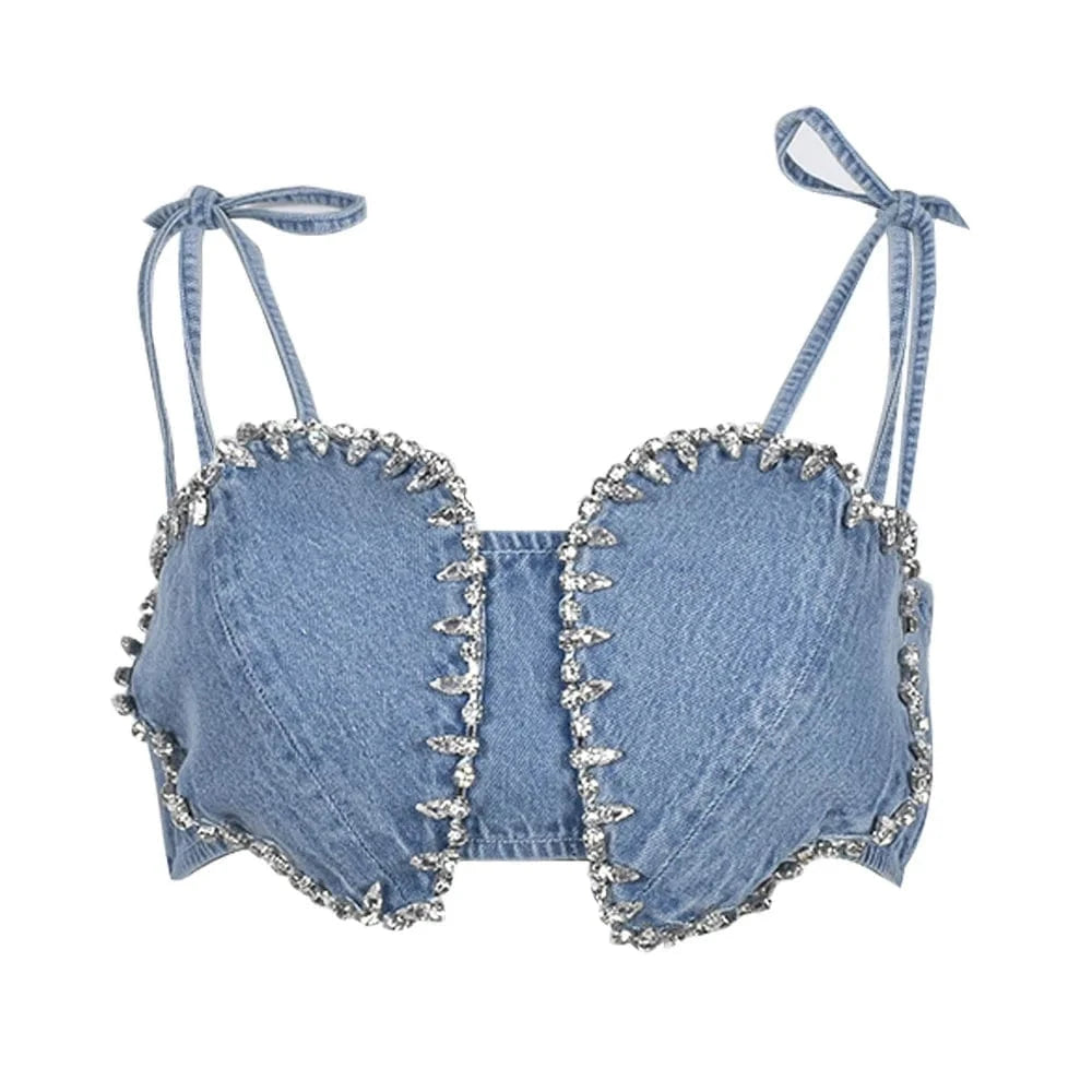 Cotton Top Jeans Sexy Halter Denim Women's Tube Tops with Drilling Chain 2023 Summer Ladies Corset Crop Top