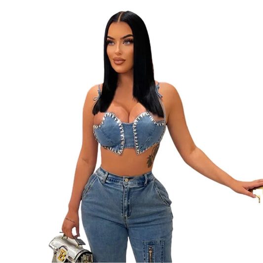 Cotton Top Jeans Sexy Halter Denim Women's Tube Tops with Drilling Chain 2023 Summer Ladies Corset Crop Top