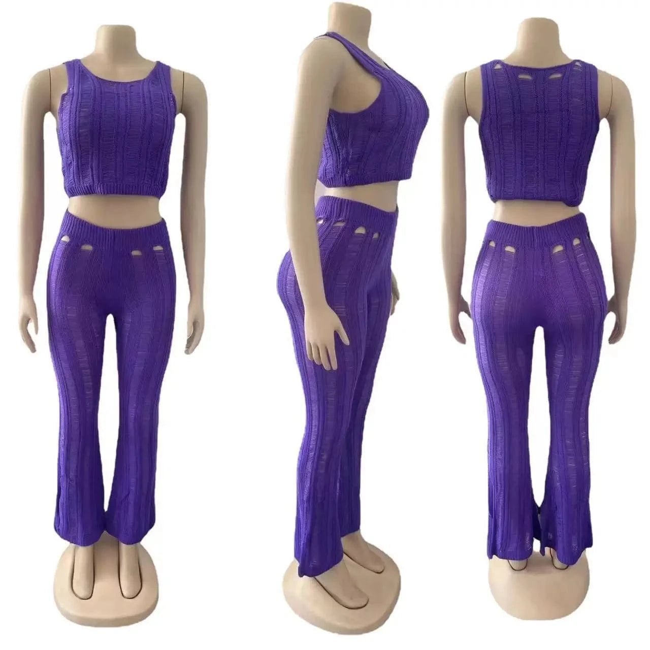 Cotton Top Set Ripped Women Knitted 2 Piece Summer Women Set Hollow out Solid Clothing Two Piece Pants Set