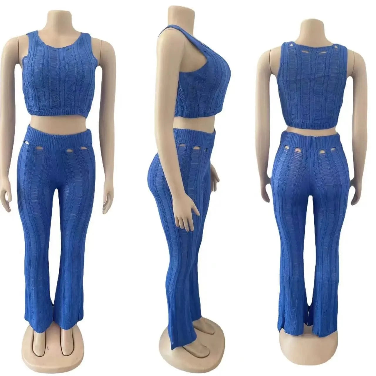 Cotton Top Set Ripped Women Knitted 2 Piece Summer Women Set Hollow out Solid Clothing Two Piece Pants Set