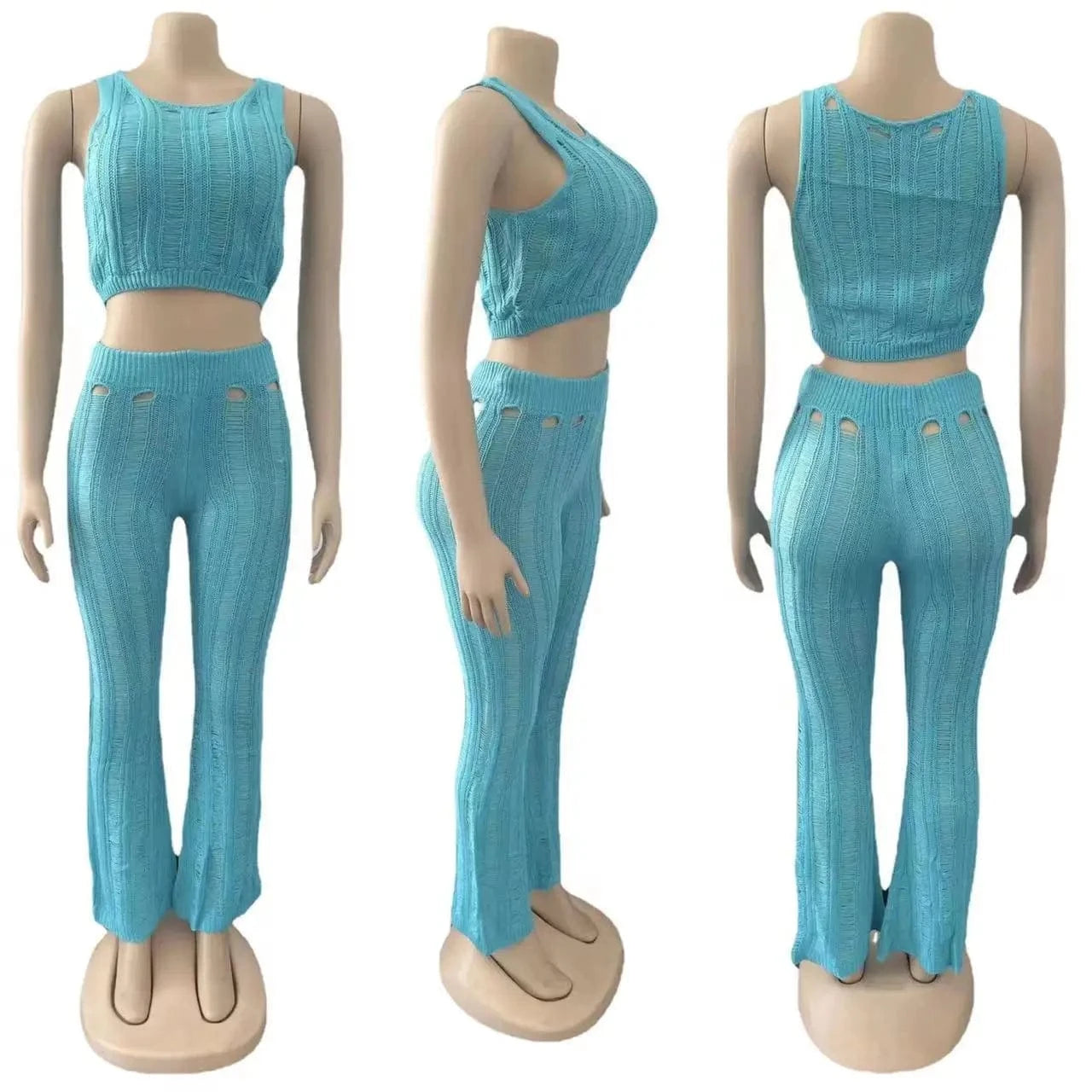 Cotton Top Set Ripped Women Knitted 2 Piece Summer Women Set Hollow out Solid Clothing Two Piece Pants Set