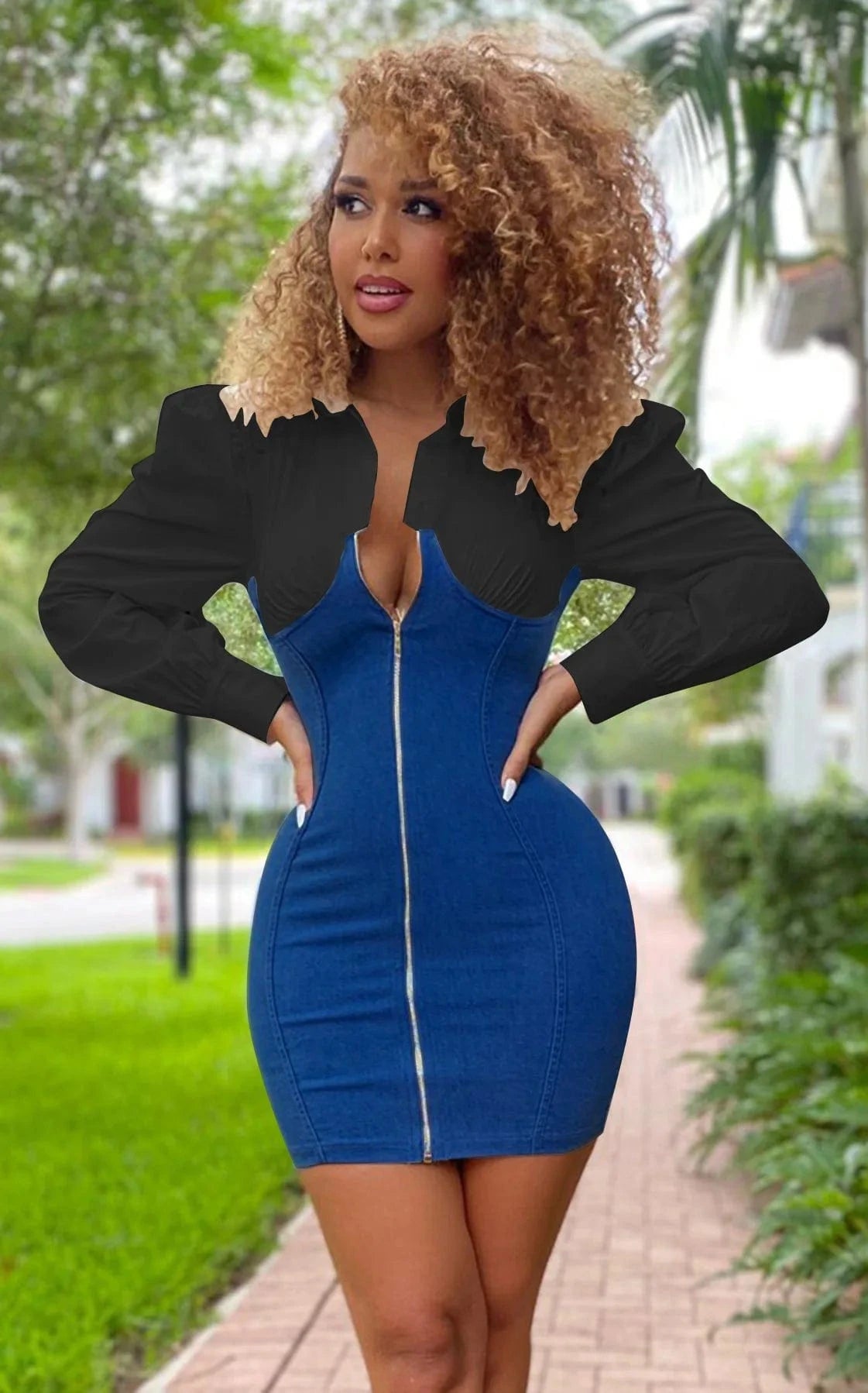 Cotton Women Jeans Dress Ladies Solid Summer Patchwork Jeans Dress with Zipper Mini Casual Dress with Stretch