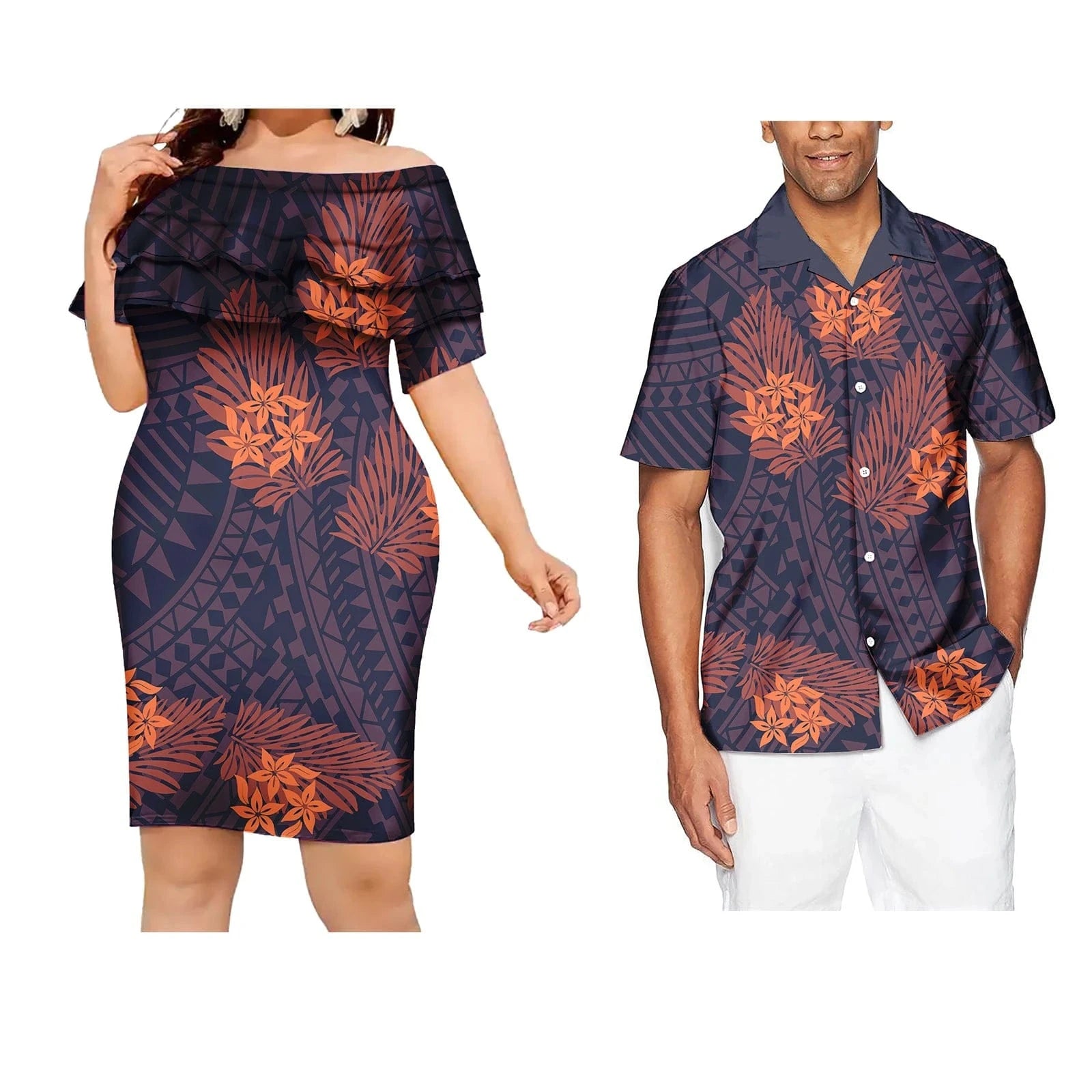 Couple Outfit Polynesian Samoan Puletasi Evening Dresses Women Custom Hawaiian Dress Beachwear Shirt