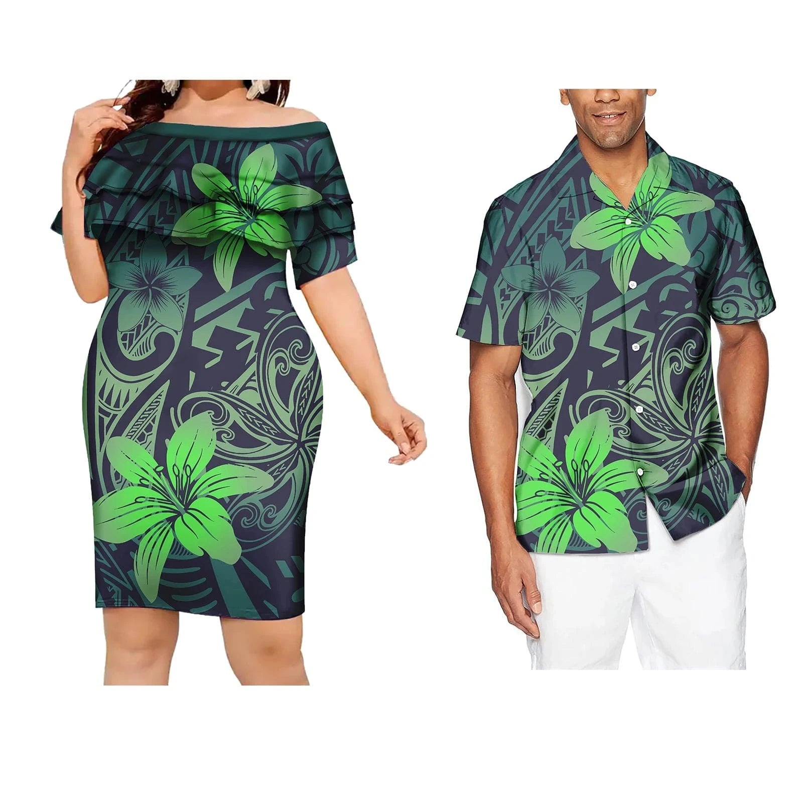 Couple Outfit Polynesian Samoan Puletasi Evening Dresses Women Custom Hawaiian Dress Beachwear Shirt