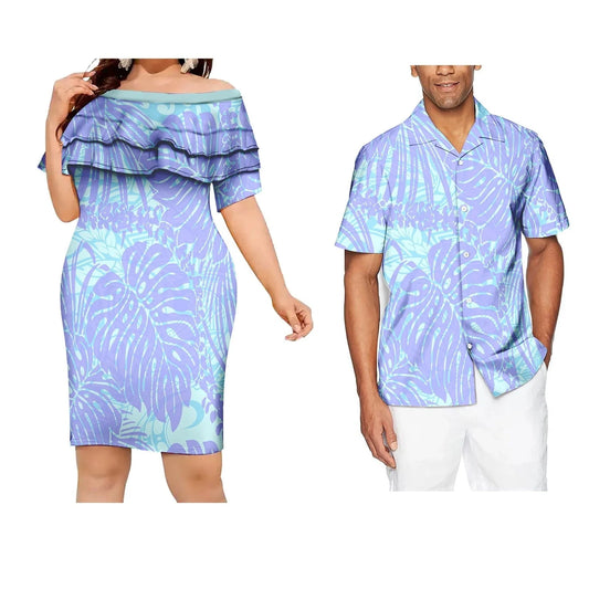 Couple Outfit Polynesian Samoan Puletasi Evening Dresses Women Custom Hawaiian Dress Beachwear Shirt