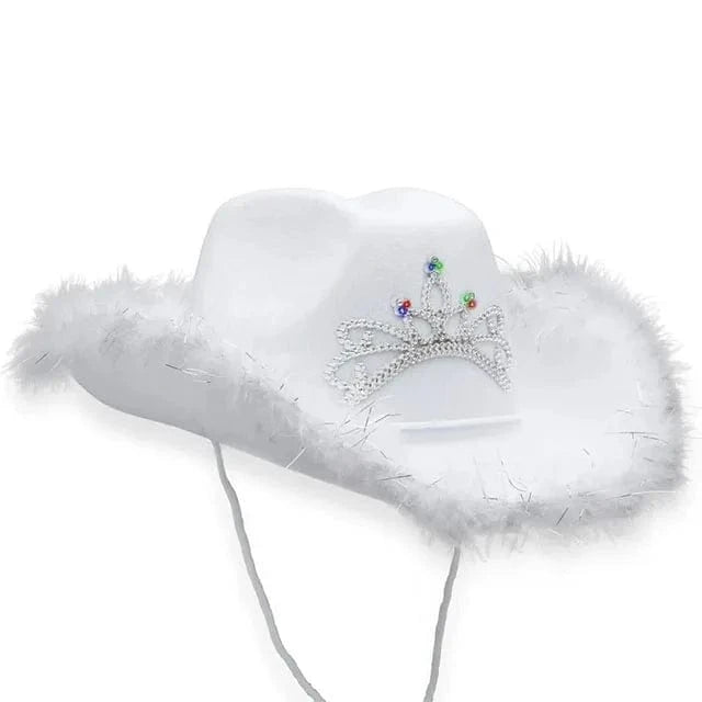 Cowboy Hat with Tiara and Feathers Cowgirl Cap with Crown Western Blinking Rhinestones Hat Princess Party Hat