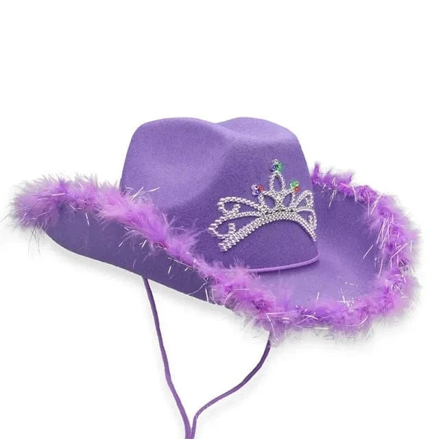 Cowboy Hat with Tiara and Feathers Cowgirl Cap with Crown Western Blinking Rhinestones Hat Princess Party Hat