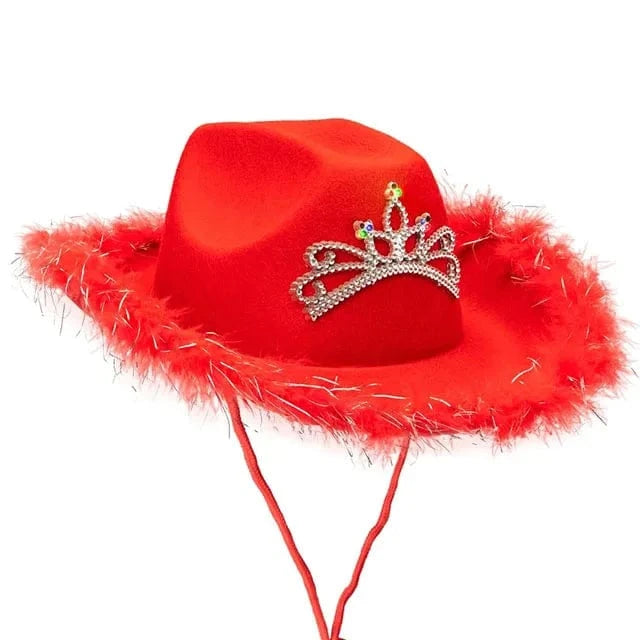Cowboy Hat with Tiara and Feathers Cowgirl Cap with Crown Western Blinking Rhinestones Hat Princess Party Hat