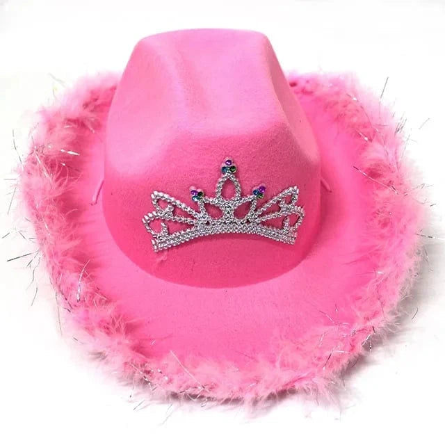 Cowboy Hat with Tiara and Feathers Cowgirl Cap with Crown Western Blinking Rhinestones Hat Princess Party Hat