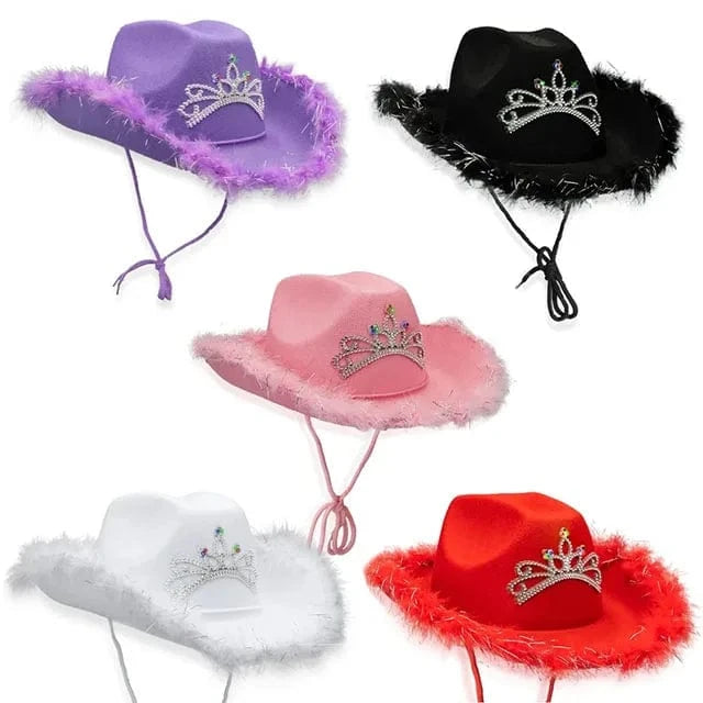 Cowboy Hat with Tiara and Feathers Cowgirl Cap with Crown Western Blinking Rhinestones Hat Princess Party Hat