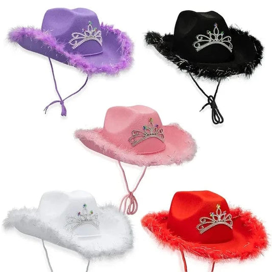 Cowboy Hat with Tiara and Feathers Cowgirl Cap with Crown Western Blinking Rhinestones Hat Princess Party Hat