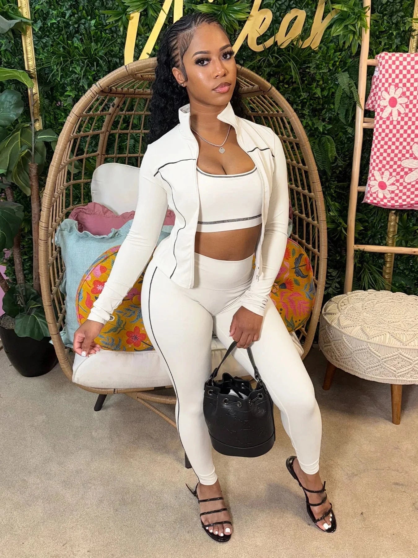 Creamy-white / M FAGADOER Autumn New Fashion Sports 3 Piece Sets Woman Outfit Stripe Patchwork Long Sleeve Zipper Tops + Pants Female Streetwear