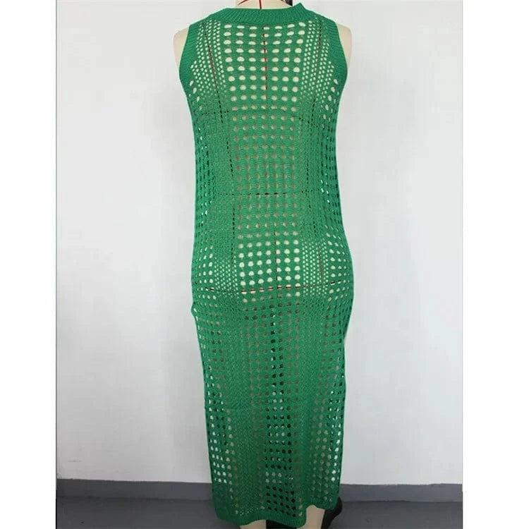 Crochet Mesh Sleeveless Slit Wrap Beach Dress 2024 Summer Woman Sexy Hollow Out Knitted Beachwear