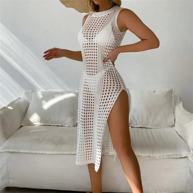 Crochet Mesh Sleeveless Slit Wrap Beach Dress 2024 Summer Woman Sexy Hollow Out Knitted Beachwear