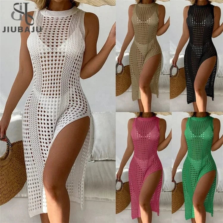Crochet Mesh Sleeveless Slit Wrap Beach Dress 2024 Summer Woman Sexy Hollow Out Knitted Beachwear
