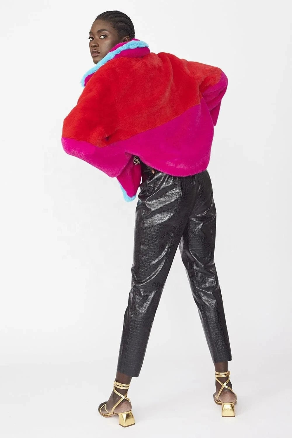 Crop Patchwork  Faux Fur  Coat  Red Rose Red Blue Fur Fake  Plus Size for Women Oversize  Rabbit Fur Jacket