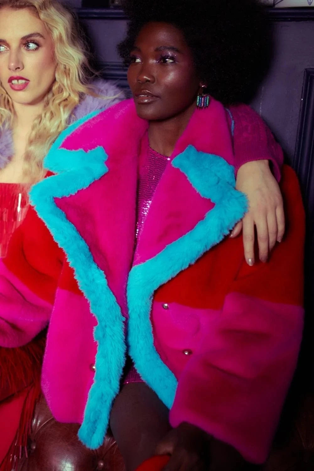 Crop Patchwork  Faux Fur  Coat  Red Rose Red Blue Fur Fake  Plus Size for Women Oversize  Rabbit Fur Jacket