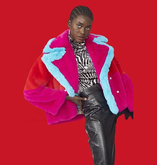 Crop Patchwork  Faux Fur  Coat  Red Rose Red Blue Fur Fake  Plus Size for Women Oversize  Rabbit Fur Jacket