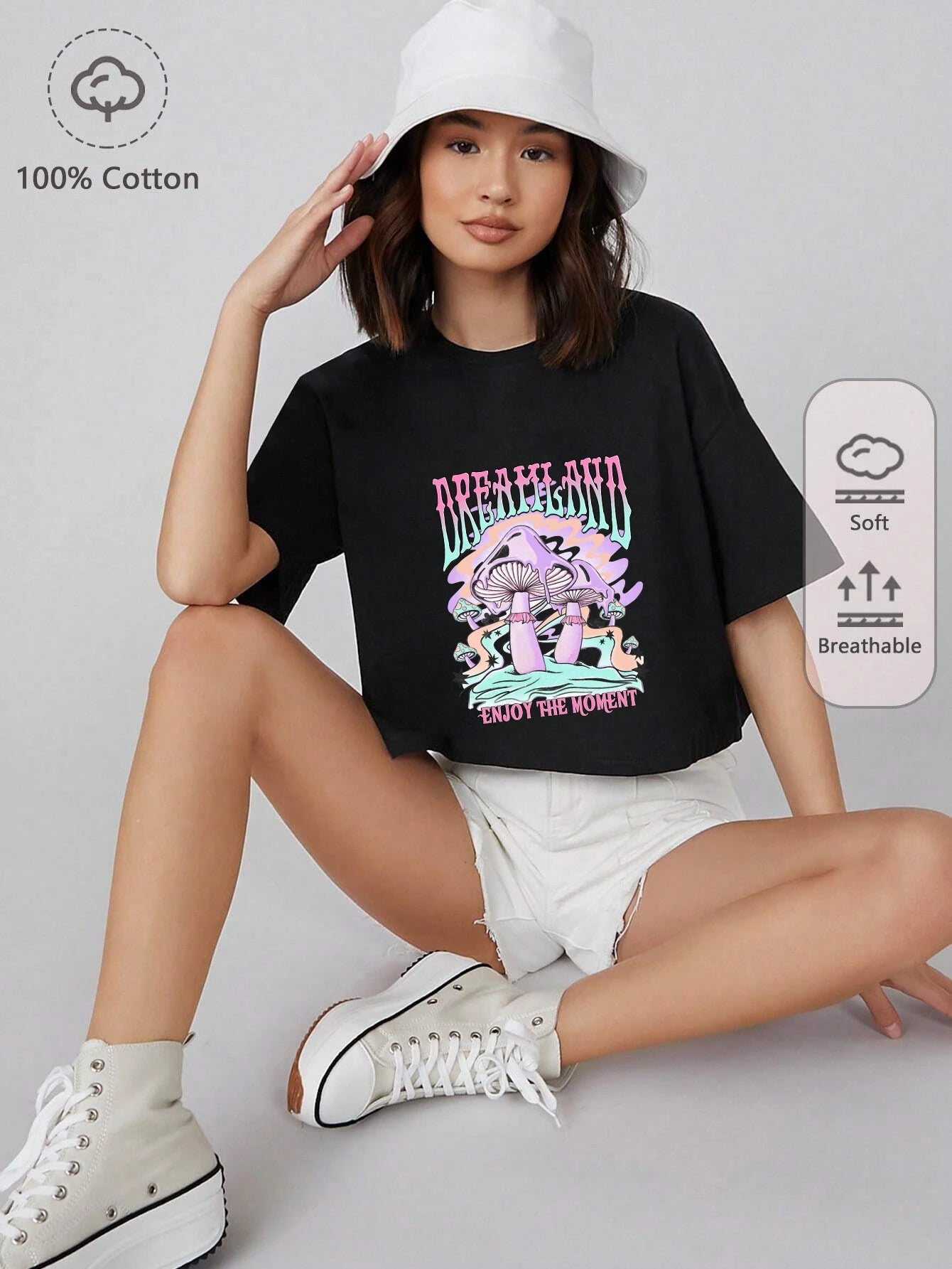 Crop T Shirt + Cotton Lightweight Mushroom Print + Loose Relaxed Summer Style For Women - SN Wigs & More
