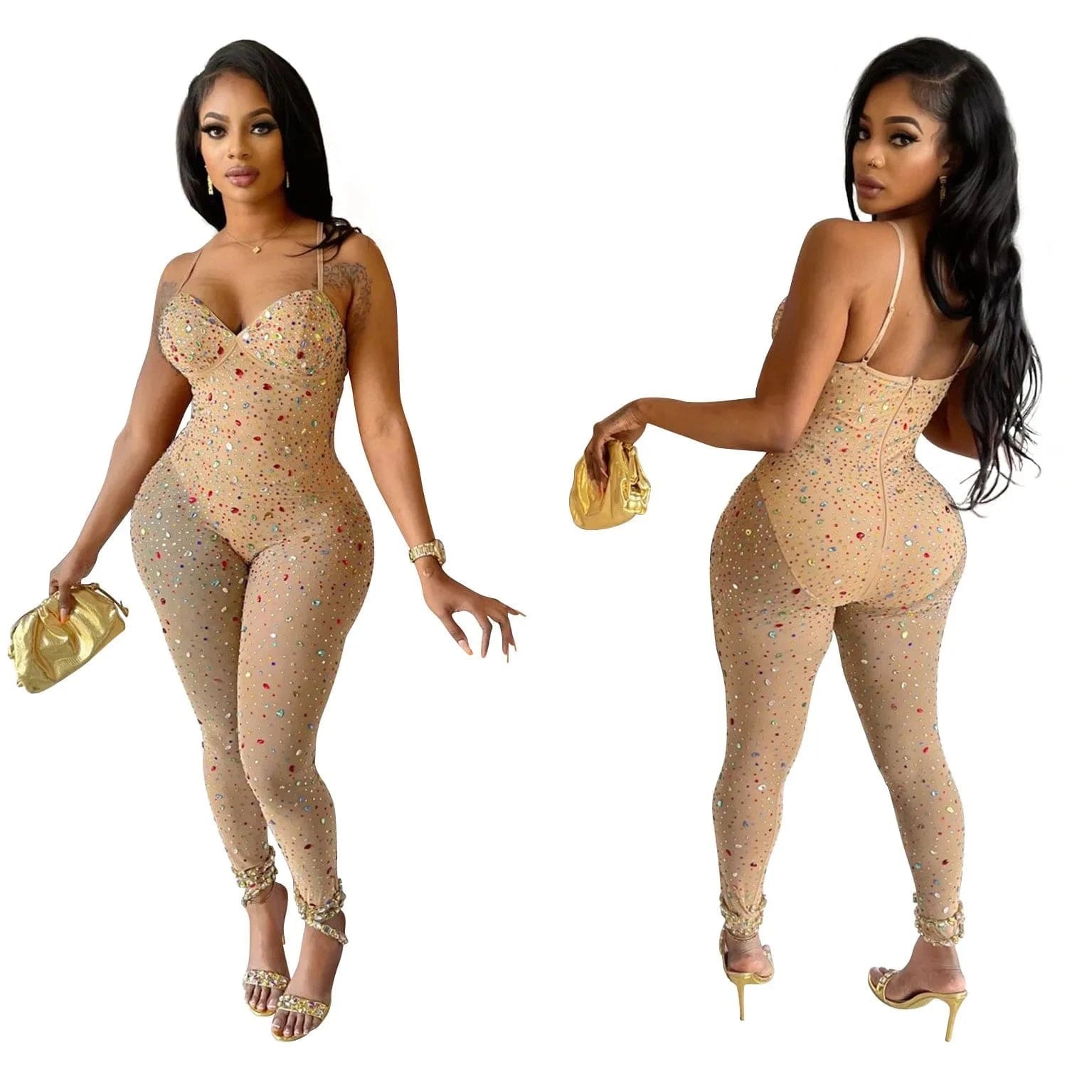 Crystal Diamonds Rhinestones Mesh Stretch Jumpsuit 2024 Sexy Party Club One Piece Romper Playsuit