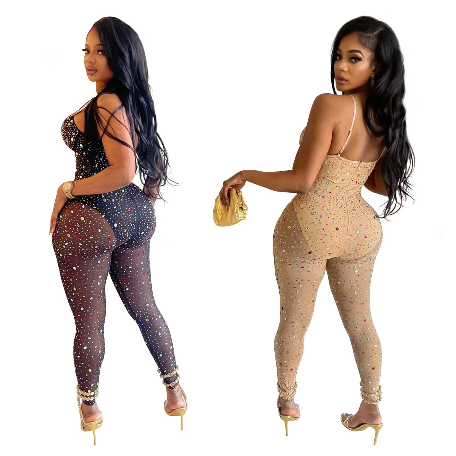 Crystal Diamonds Rhinestones Mesh Stretch Jumpsuit 2024 Sexy Party Club One Piece Romper Playsuit