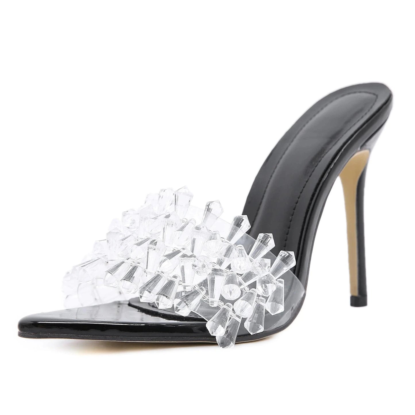 Crystal Flower Pointed Thin Heel Women's Sandals Transparent New Summer PU Rubber Shoes Summer Women Slides Sandals Slippers